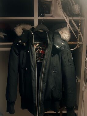 Moose Knuckles Black Puffer Jacket with Fur-Trim Hood